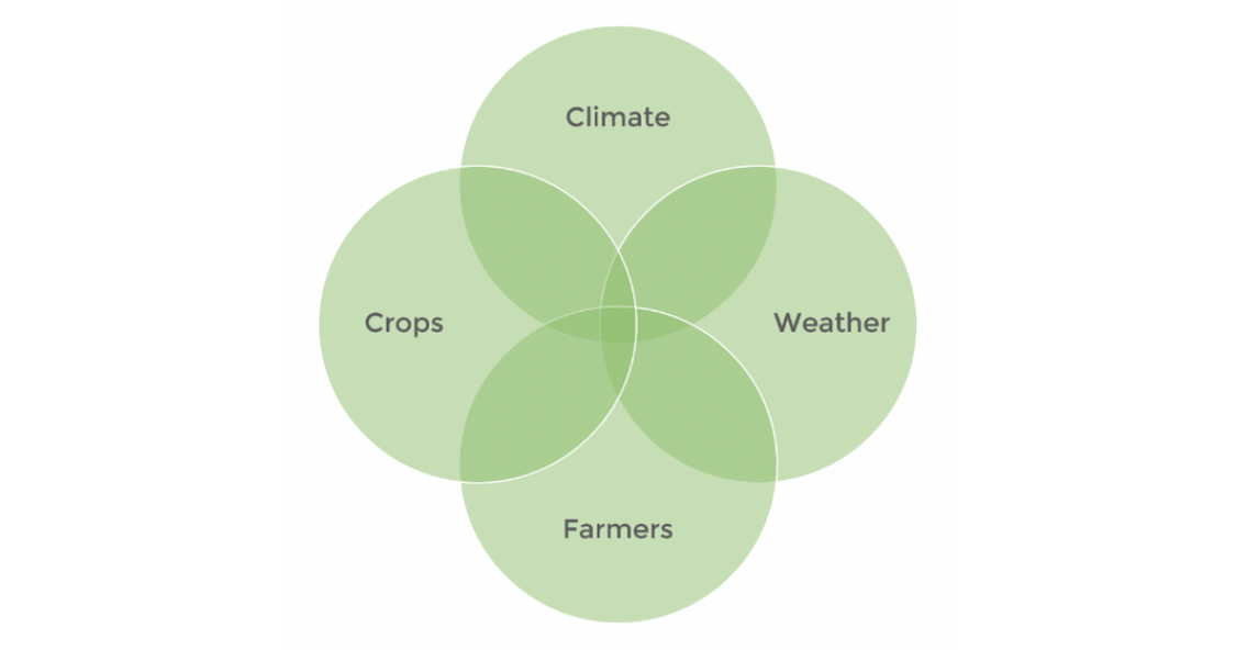Venn diagram with four overlapping circles (climate, weather, farmers, crops) demonstrating the principles by which an investor can diversify a farmland investment portfolio.